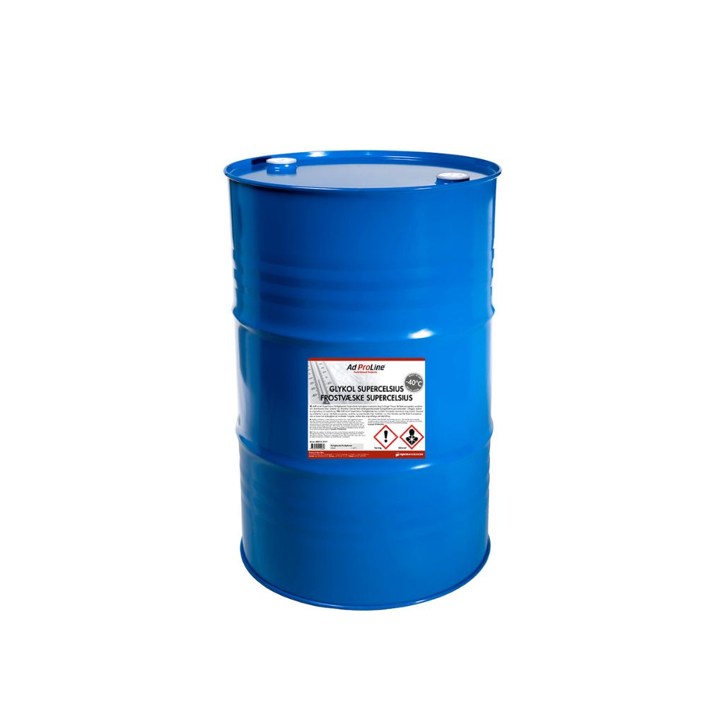 AdProLine® Glykol SuperCelsius Färdigblandad 210 liter – Långlivad och ofärgad kylvätska med effektivt frost- och korrosionsskydd för fordon och maskiner.