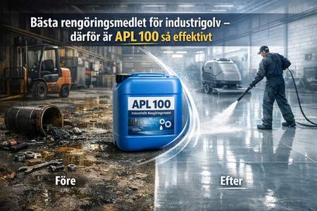APL 100 – effektivt alkaliskt rengöringsmedel för industrigolv som löser fett, olja och sot.