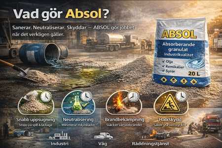 Absol – saneringsmedel som suger upp, neutraliserar och gör spill halkfritt och säkert.
