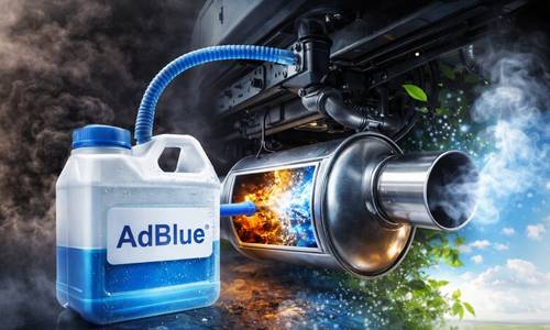 AdBlue-behållare kopplad till SCR-system där smutsiga avgaser omvandlas till ren ånga.