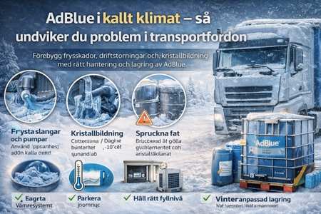 AdBlue i kyla – fryser vid –11 °C och kräver uppvärmning och rätt lagring i transportfordon.