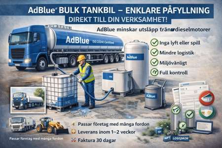 AdBlue leverans med tankbil som fyller IBC-tank hos företag.