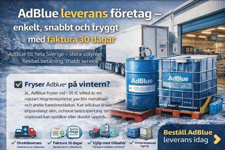 AdBlue leverans till företag – fat 210L eller IBC 1000L med faktura 30 dagar.