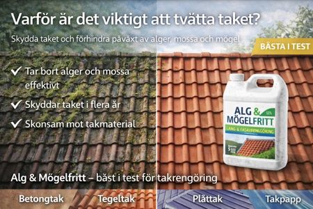 Applicering av alg- och mögelrengöring på hustak.