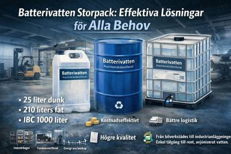 Batterivatten i storpack med dunkar, fat och IBC-tank för industri och verkstad.