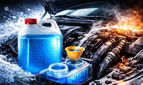 Blå glykol hälls i varm bilmotor, med frost och ånga som visar skydd mot kyla och överhettning.