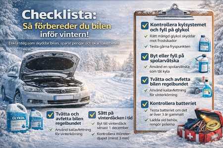 Checklista för att vinterförbereda bilen – glykol, spolarvätska, däck, batteri och rostskydd.