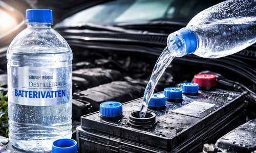 Destillerat batterivatten hälls i bilbatteri med blå lock under motorhuv.