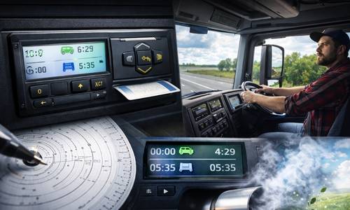 Digital färdskrivare i lastbil visar kör- och vilotider, med förare vid ratten och diagramblad i förgrunden.