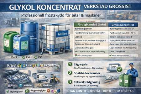 Glykol koncentrat i fat och dunkar för professionell verkstad.