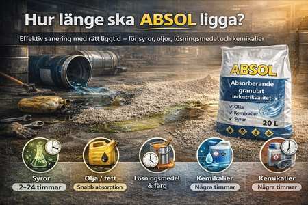 Guide om hur länge ABSOL ska ligga för att suga upp och neutralisera spill av olja, kemikalier och syror.