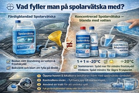 Guide om hur man fyller på spolarvätska – färdigblandad eller koncentrat blandat med vatten.