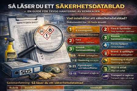 Guide som visar hur du läser ett säkerhetsdatablad med dess 16 avsnitt för trygg kemikaliehantering.