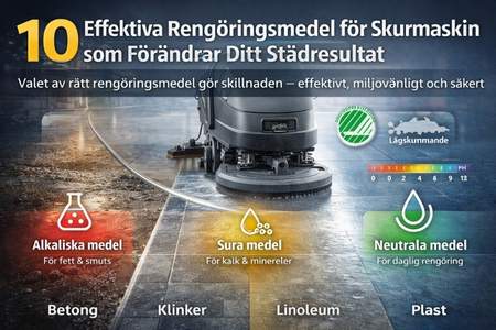Guide till effektiva rengöringsmedel för skurmaskin – rätt pH, lågskum och anpassning efter golvtyp.