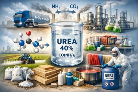 Infografik om Urea 40% och dess användning inom avgasrening, industri och jordbruk.