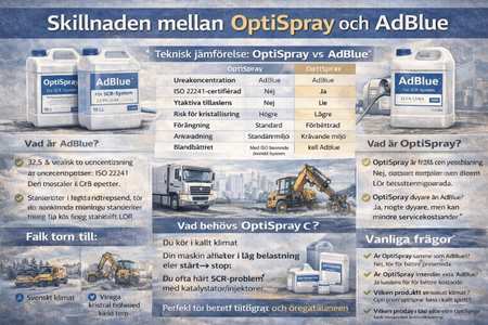 Jämförelse mellan OptiSpray och AdBlue i SCR-system för dieselmotorer.