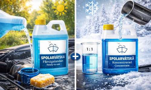 Jämförelsebild mellan färdigblandad och koncentrerad spolarvätska – vänster sida visar färdig lösning i sommarvärme, höger sida visar koncentrat blandat 1:1 i vintermiljö.