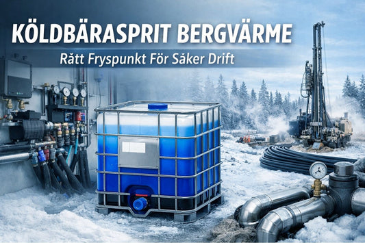 Köldbärarsprit för bergvärme i IBC-behållare vid borrigg och värmepumpsinstallation i vintermiljö.