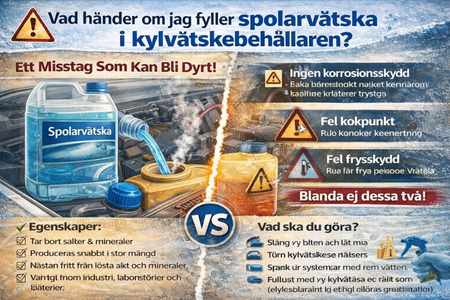 Konsekvenser av att hälla spolarvätska i kylsystemet – risk för korrosion, fel frysskydd och överhettning.