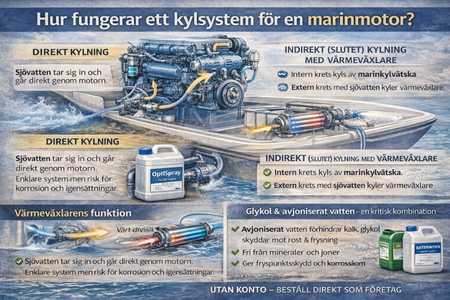 Kylsystem för marinmotor med värmeväxlare och marinkylvätska.