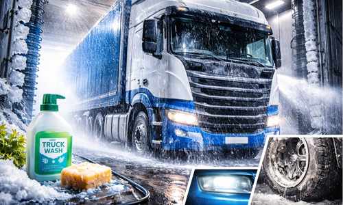 Lastbil tvättas i vintertvätthall, med vägsalt och smuts som spolas bort, rengöringsflaska och snötäckt svamp i förgrunden.