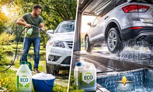 Man tvättar bil på gräs med miljövänligt schampo, jämte scen i tvätthall med vattenrening och oljeavskiljare.