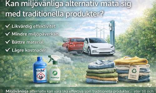 Miljövänliga produkter som rengöringsmedel och elbil som hållbara alternativ.