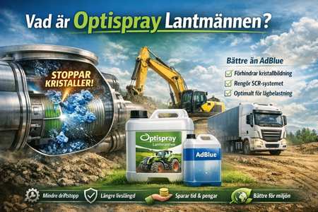 Optispray från Lantmännen som förebygger kristallbildning i SCR-system på dieselmaskiner.