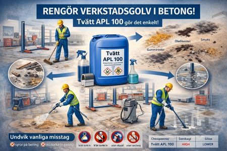 Rengöring av verkstadsgolv i betong med alkaliskt medel mot olja och smuts.