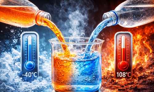 Röd glykol och blått vatten hälls i bägare, med termometrar som visar -40 °C och 108 °C, omgivna av is och eld.