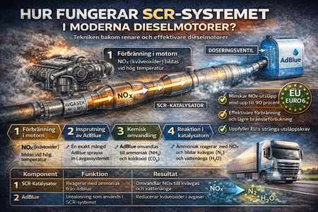 Så fungerar SCR-systemet – AdBlue omvandlar kväveoxider i dieselavgaser till kvävgas och vatten.