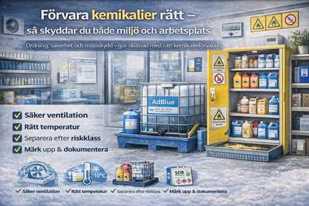 Säker kemikalieförvaring – märkning, uppsamlingskärl och rätt separation skyddar miljö och arbetsplats.