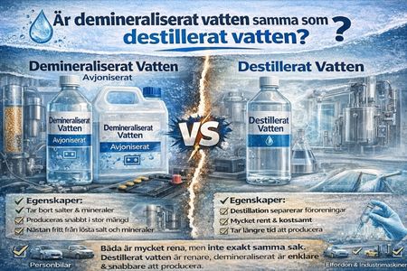 Skillnaden mellan demineraliserat och destillerat vatten – två typer av mycket rent vatten för teknik och industri.