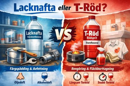 Skillnaden mellan lacknafta och T-röd – petroleum­baserat lösningsmedel för målning jämfört med alkoholbaserad rengöring.