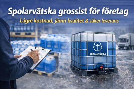 Spolarvätska grossist för företag – IBC-tank och pall med spolarvätska i vintermiljö, fokus på bulk, jämn kvalitet och säker leverans.