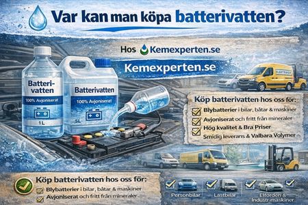 Var man kan köpa batterivatten – avjoniserat vatten för blybatterier i bil, båt och maskiner.