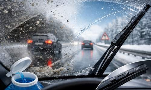 Vindruta som rengörs med spolarvätska under vinterkörning