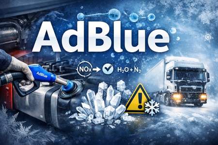 AdBlue i SCR-system på lastbil med illustration av kristallisering och funktion i dieselmotor