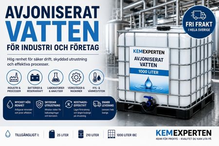 Avjoniserat vatten för industri i 1000 liters IBC från Kemexperten. Hög vattenrenhet för verkstäder, tillverkning, laboratorier och andra företag.