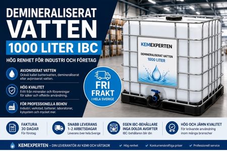 Demineraliserat vatten 1000 liter IBC för industri och företag. Avjoniserat vatten med hög renhet från Kemexperten.