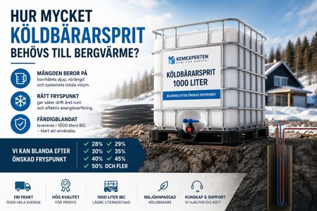1000 liters IBC med köldbärarsprit för bergvärme. Färdigblandad köldbärarsprit med önskad fryspunkt för VVS-företag, brunnsborrare och industri.