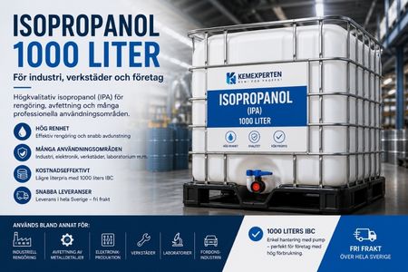 Isopropanol 1000 liter IBC för industri, verkstäder och företag. Högkvalitativ isopropanol för professionell rengöring och avfettning från Kemexperten.