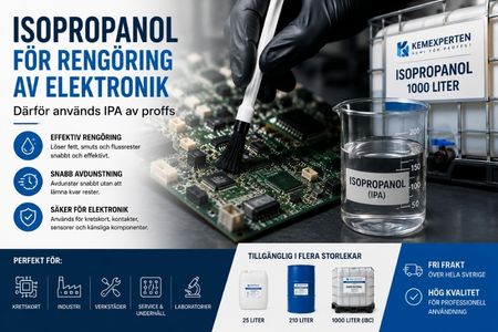 Isopropanol (IPA) används för rengöring av kretskort, elektronik och känsliga komponenter inom industri, verkstäder och laboratorier.