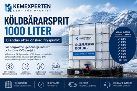 Köldbärarsprit 1000 liter IBC blandad efter önskad fryspunkt för bergvärme, geoenergi och industri från Kemexperten.