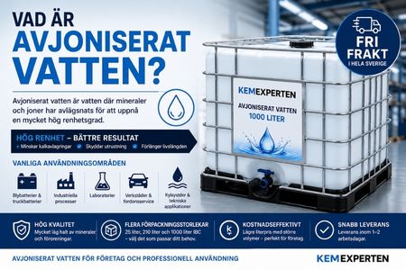 Avjoniserat vatten i 1000 liters IBC för industri, batterier och tekniska applikationer från Kemexperten.