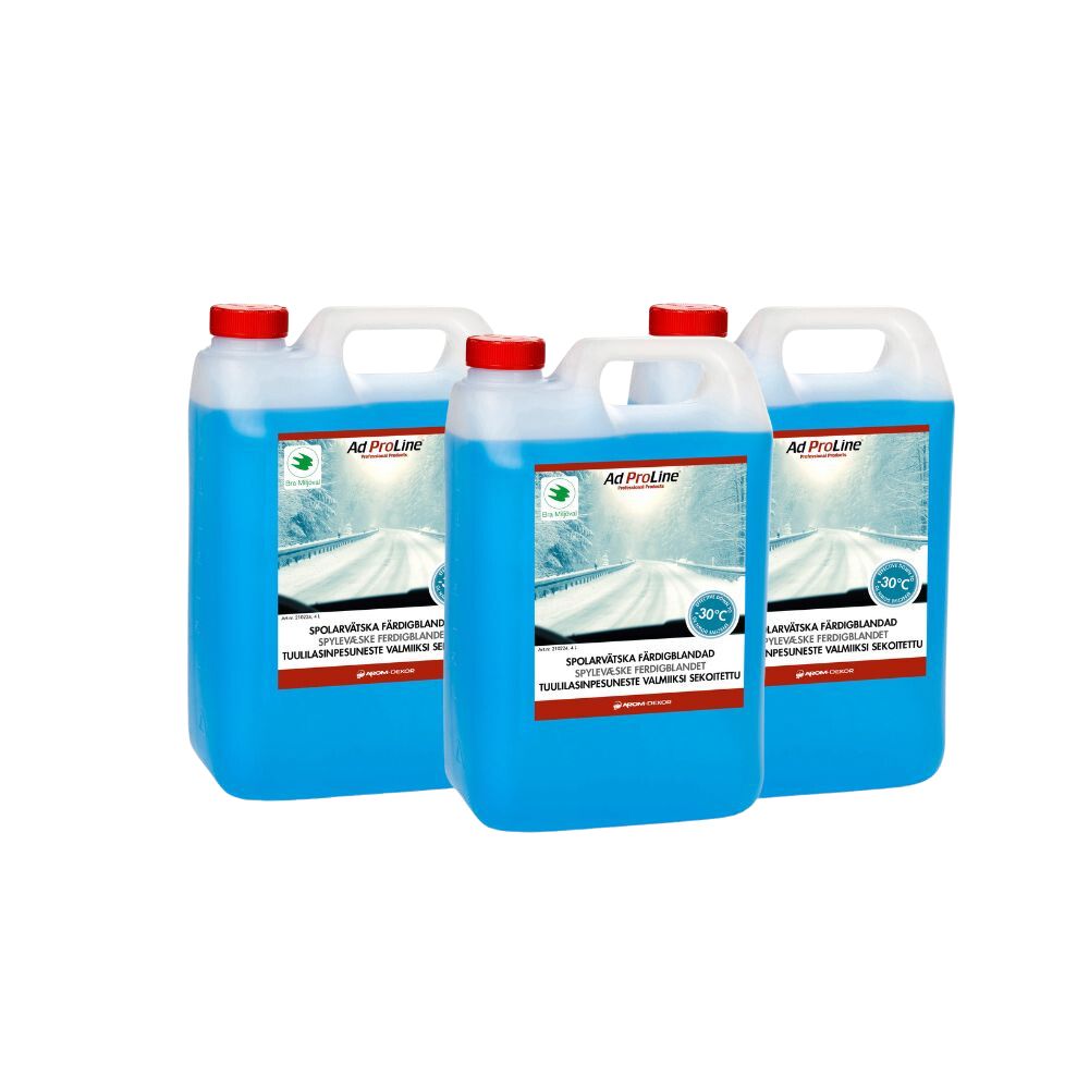 AdProLine Färdigblandad Spolarvätska 3x4 Liter - miljömärkt, året-runt-lösning med frostskydd ner till -30°C. Effektiv mot smuts, salt och trafikfilm. 3x4 Liter