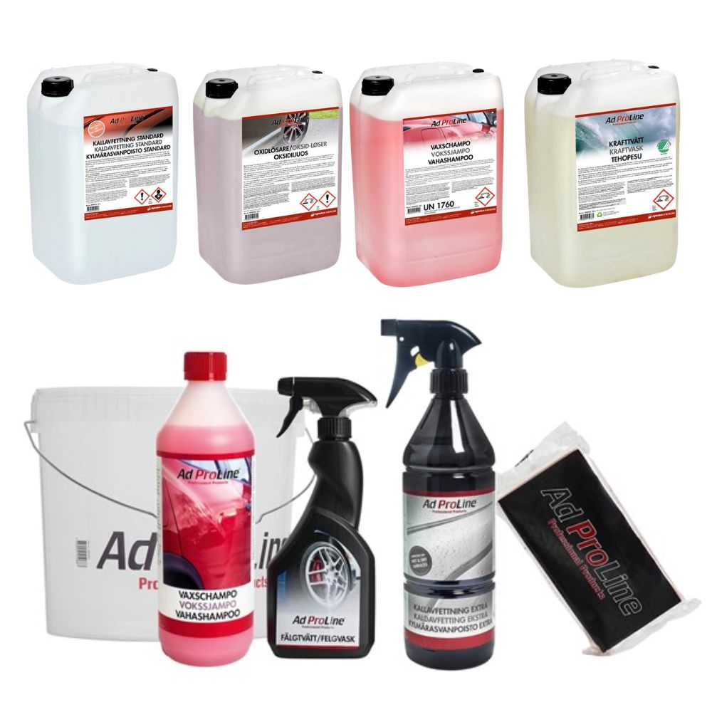 Mellan Rekondpaket och AdProLine® Bilvårdshink – komplett paket med 4x25 liters dunkar och bilvårdsprodukter.
