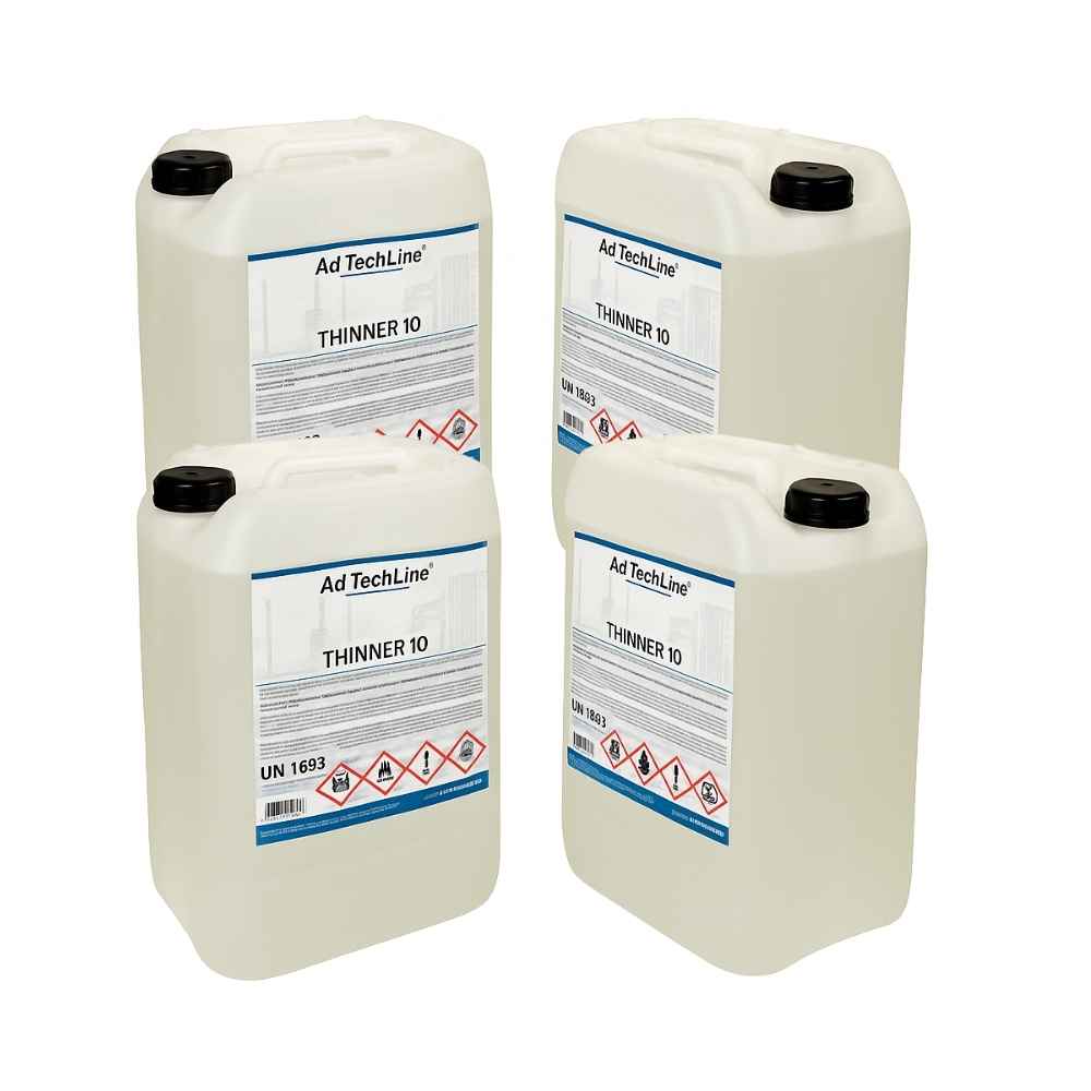 Fyra 25L dunkar AdTechLine Thinner 10 industriförtunning för oljebaserade färger och lacker.
