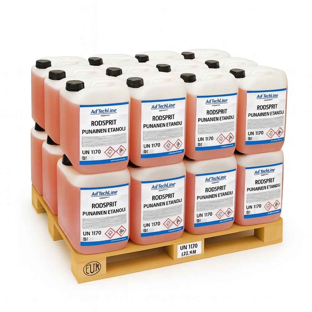 Helpall med 24 dunkar à 25L AdTechLine Rödsprit, bränsle för spritkök och rengöring av glasytor.
