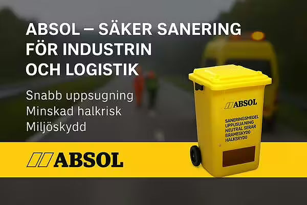 Absol säker sanering för industrimiljö och logistik – absorberande granulat som snabbt tar upp olja och kemikalier på lagergolv.